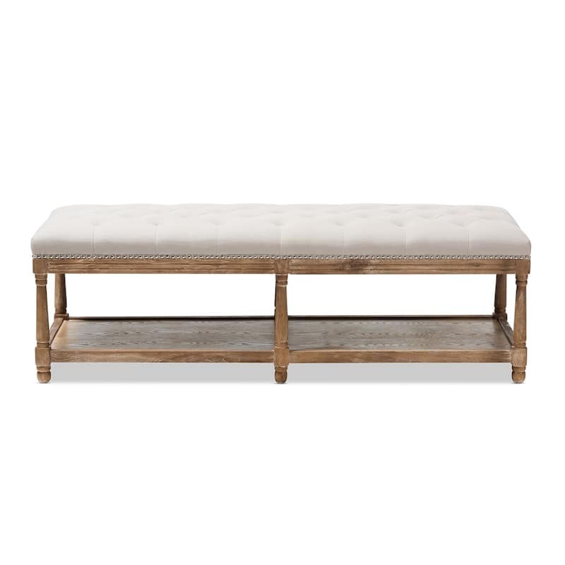 Celeste French Country Weathered Oak Beige Linen Upholstered Ottoman Bench - 18.9" High x 57.48" Wide x 18.9" Deep