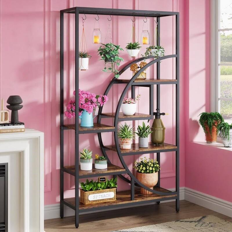 Black-Brown Powder Coated Iron 7-Tier Indoor Plant Stand with Hooks - 39.37” x 11.81” x 70.87” - Black-Brown