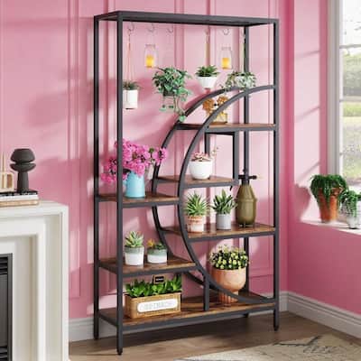 Black-Brown Powder Coated Iron 7-Tier Indoor Plant Stand with Hooks - 39.37” x 11.81” x 70.87”