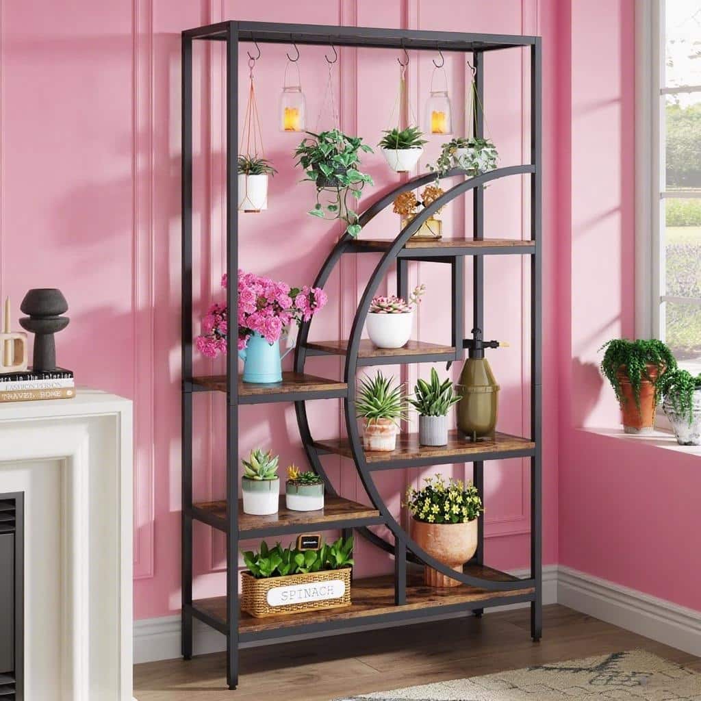Black-Brown Powder Coated Iron 7-Tier Indoor Plant Stand with Hooks - 39.37” x 11.81” x 70.87”