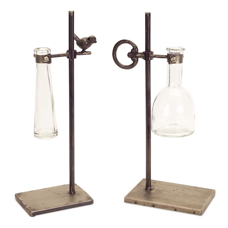 Set of 2 Metal Key and Bird Design Stem Vase with Stand 14.5"