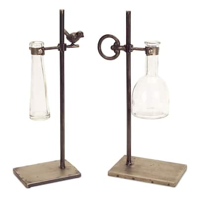 Set of 2 Metal Key and Bird Design Stem Vase with Stand 14.5"