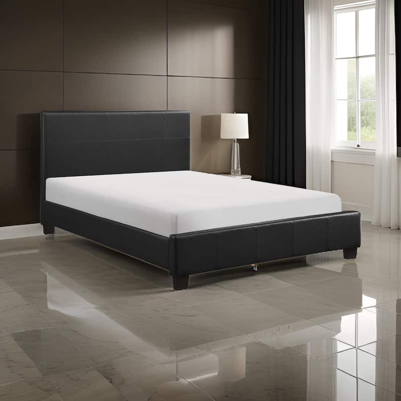 Renz Queen Size Platform Bed, Black Faux Leather Upholstery, Wood Frame