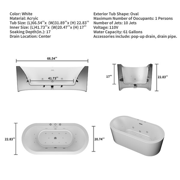Freestanding Whirlpool & Hydrotherapy Bathtub with 10 Water Jets
