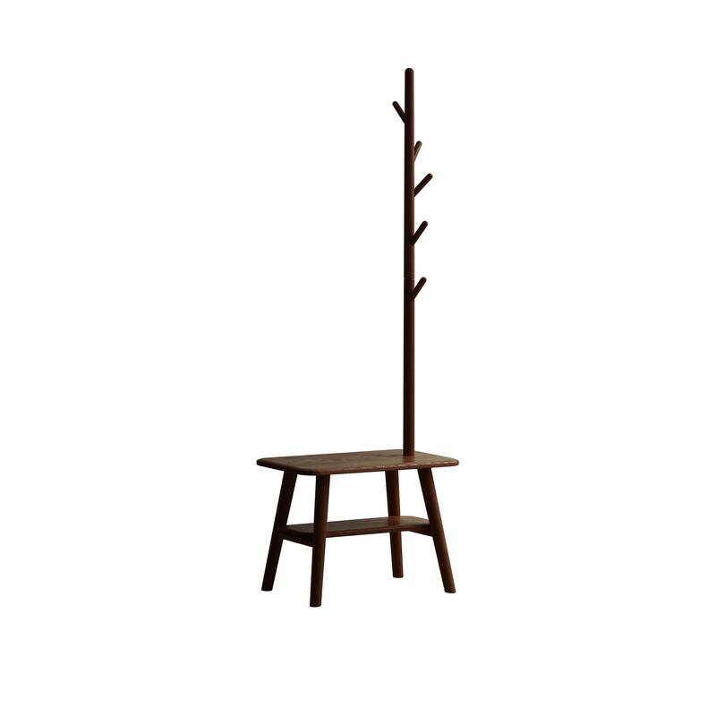 Natural Solid Wood Shoe Stool With Cloth Hanger, Mid-Century Modern Storage Bench with High Rebound Sponge Cushion - Walnut