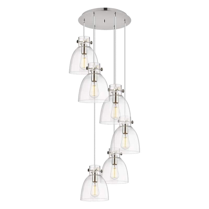 Innovations Lighting Newton Bell - 6 Light 8" Cord Hung Multi Pendant - 14" Canopy - Clear/Polished Nickel