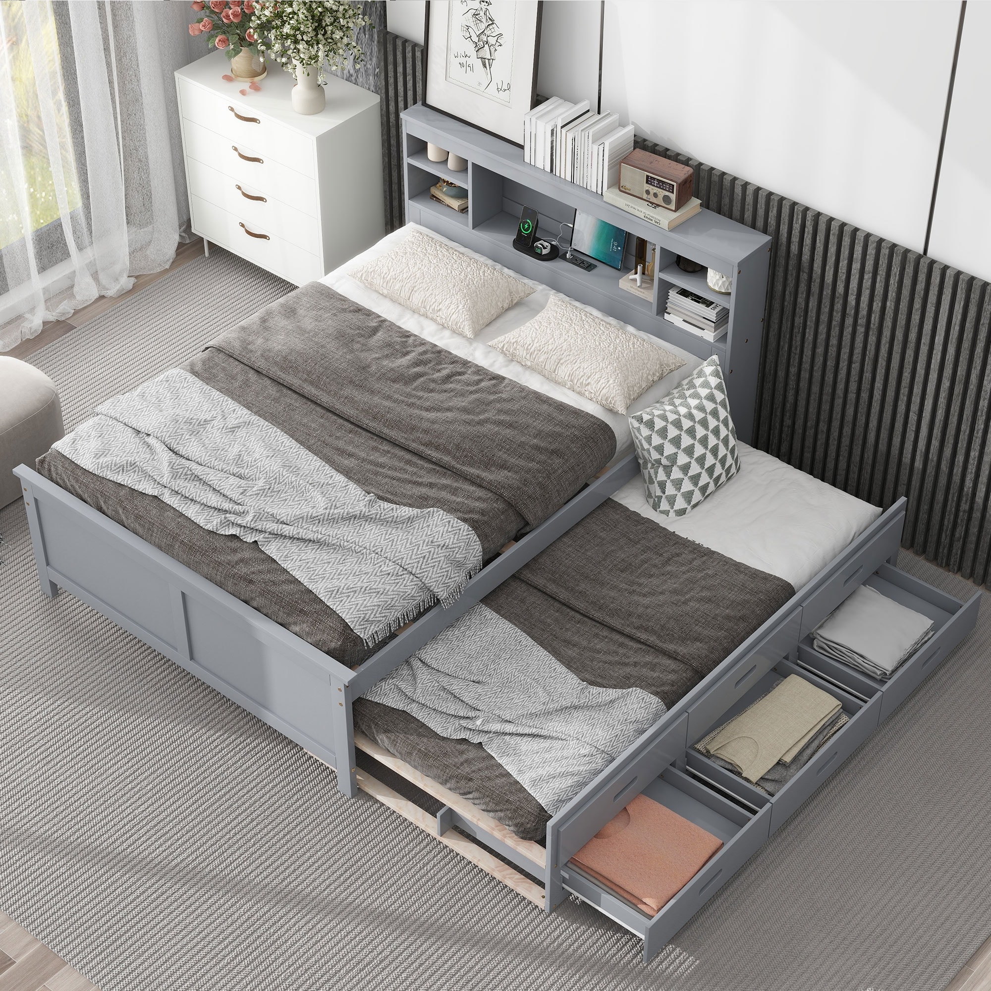 Wooden Platform Bed w/Trundle & 3 Drawers Headboard Charging Station