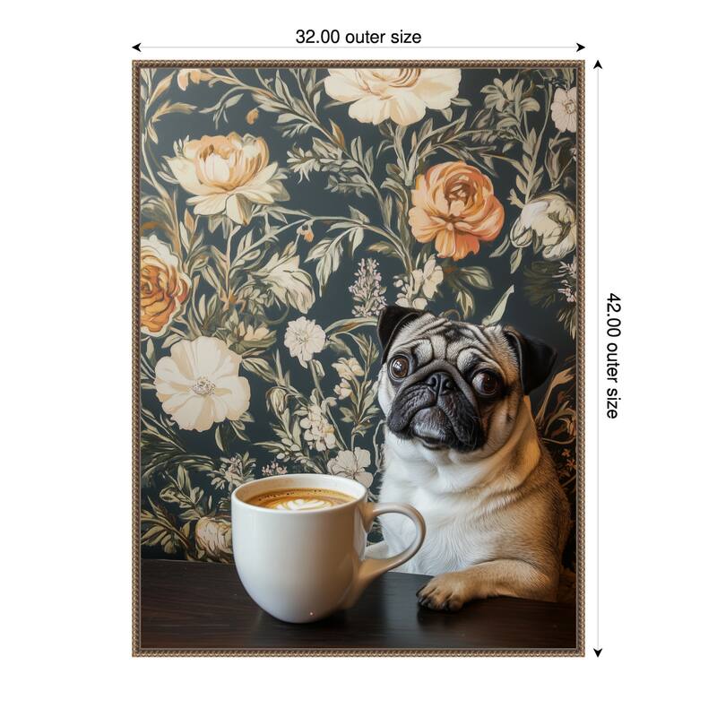 The Latte Loving Pug by Mowzu Framed Canvas Wall Art - 32 x 42 in