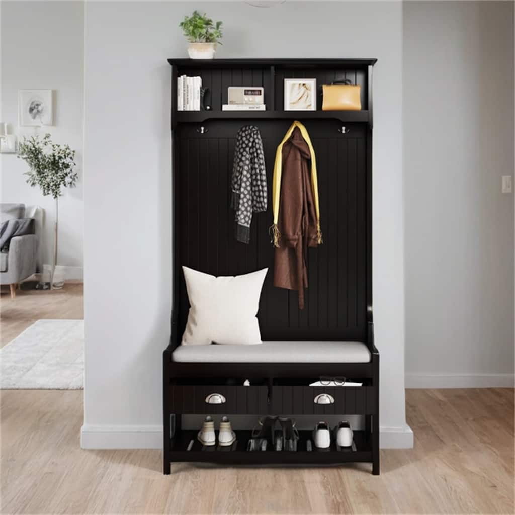 3-in-1 Wood Coat Rack with 2 Storage Drawer and Padded Seat Cushion