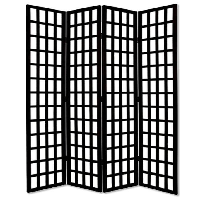 Wooden 4 Panel Foldable Window Pane Screen with Grid Design, Black