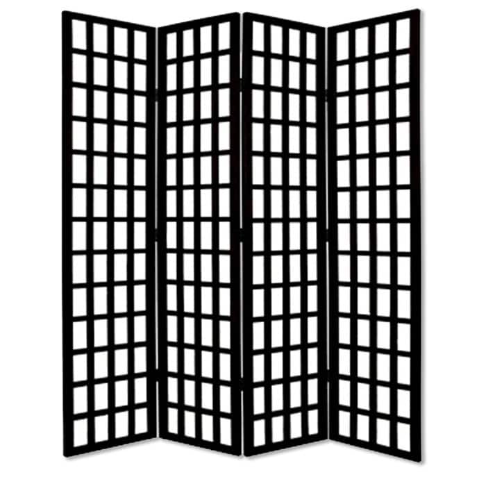 Wooden 4 Panel Foldable Window Pane Screen with Grid Design, Black