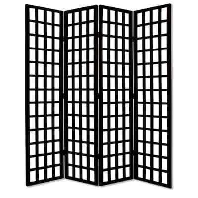 Wooden 4 Panel Foldable Window Pane Screen with Grid Design, Black