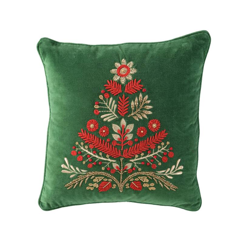 Rizzy Home Holiday Tree Velvet Embroidrered Throw Pillow - Green/Red - Down Alternative Fill