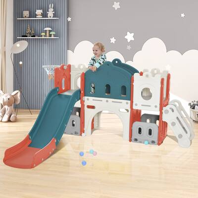 Kids Slide Playset Structure with Slide and Basketball Hoop, Toy Storage Organizer for Toddlers, Kids Climbers Playhouse