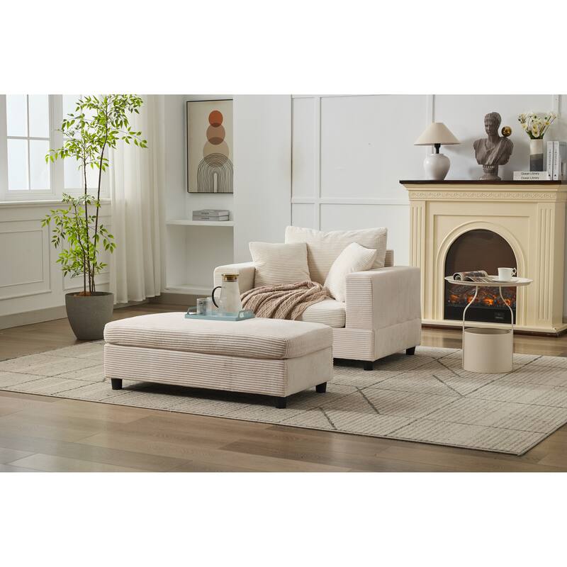 Chaise Lounge Chair with Removable Ottoman, Modern Accent Armchair Corduroy Sleeper Sofa Chair with Pillows for Living Room