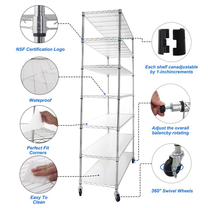 7 Tier Metal Shelves, NSF Height Adjustable Metal Garage Storage Shelves with Wheels - 7 Tier