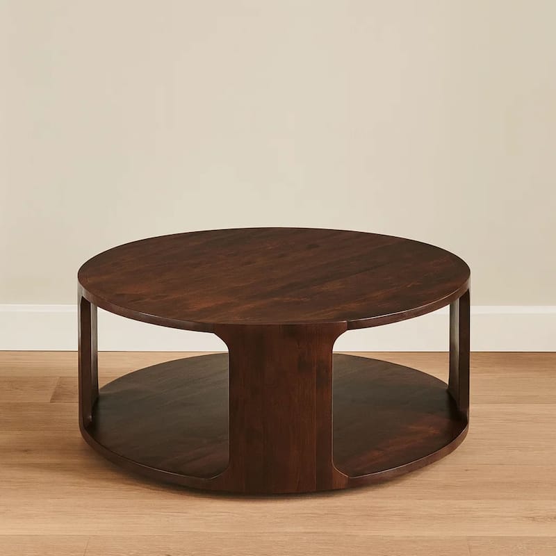Bard Coffee Table, 38 Inch Round Top with Shelf, Walnut Brown Mango Wood Sculptural Frame