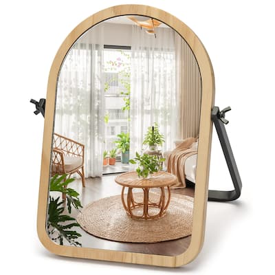 Vanity Makeup Table Mirror - Desk Mirrors 360 Adjustable Rotation,Wood Framed Small Standing Mirror for Bedroom,Tabletop