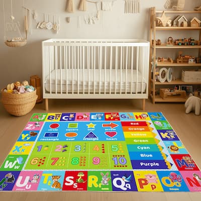 Kids Educational Rug, Kids Area Rug for Learning Alphabet, Numbers, Colors, Shapes and Animal Words, Children Playmat