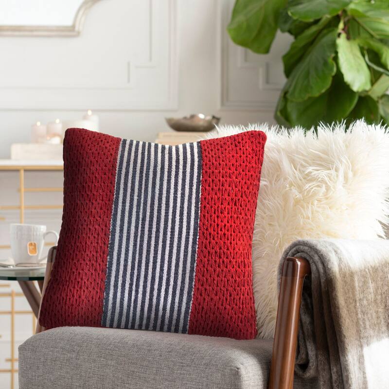 20" Blue and Red Nautical Striped Square Throw Pillow