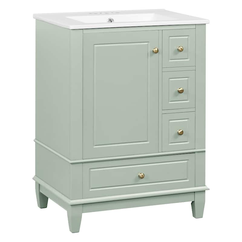 24" Freestanding Bathroom Vanity with Sink - Ceramic Top, Drawers & Shelves, MDF & Solid Wood Base, for Small Bathrooms