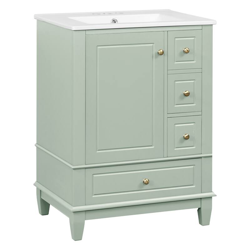 Roomfitters 24" Bathroom Vanity with Sink, Solid Wood Frame, 3 Drawers & Side Cabinet with Door Racks