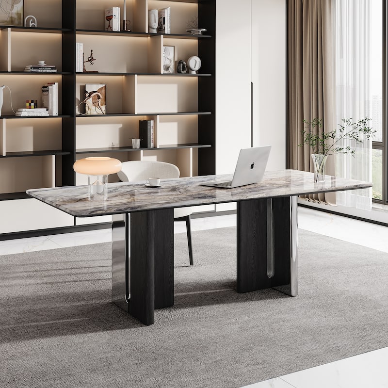 79” Modern Desk – Faux Marble Top & Solid Wood Legs For Office/study