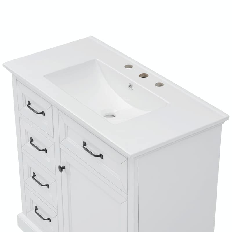 36-Inch Bathroom Vanity with Ceramic Sink Top - 4 Drawers and 1 Soft-Close Door
