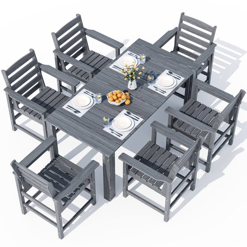 Gray 5/7-Piece HDPE Wood Grain Patio Outdoor Dining Set with Armrest & Umbrella Hole