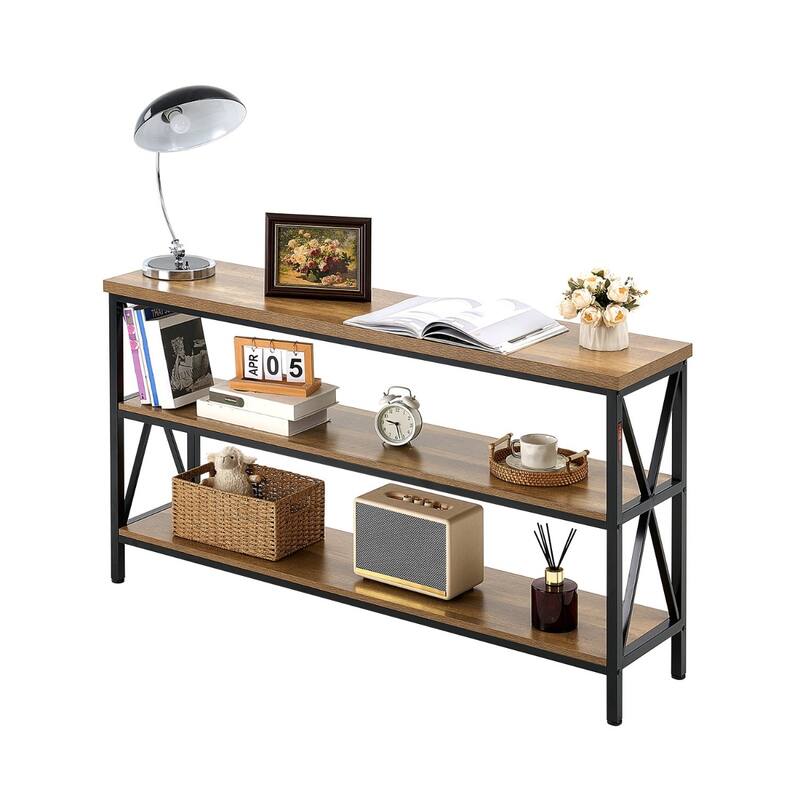 Brown Black MDF Metal Console Table, 3-Tier Long Hallway Table 240 lbs Top Load Capacity - 55.1” L x 13.4” W x 30.0” H