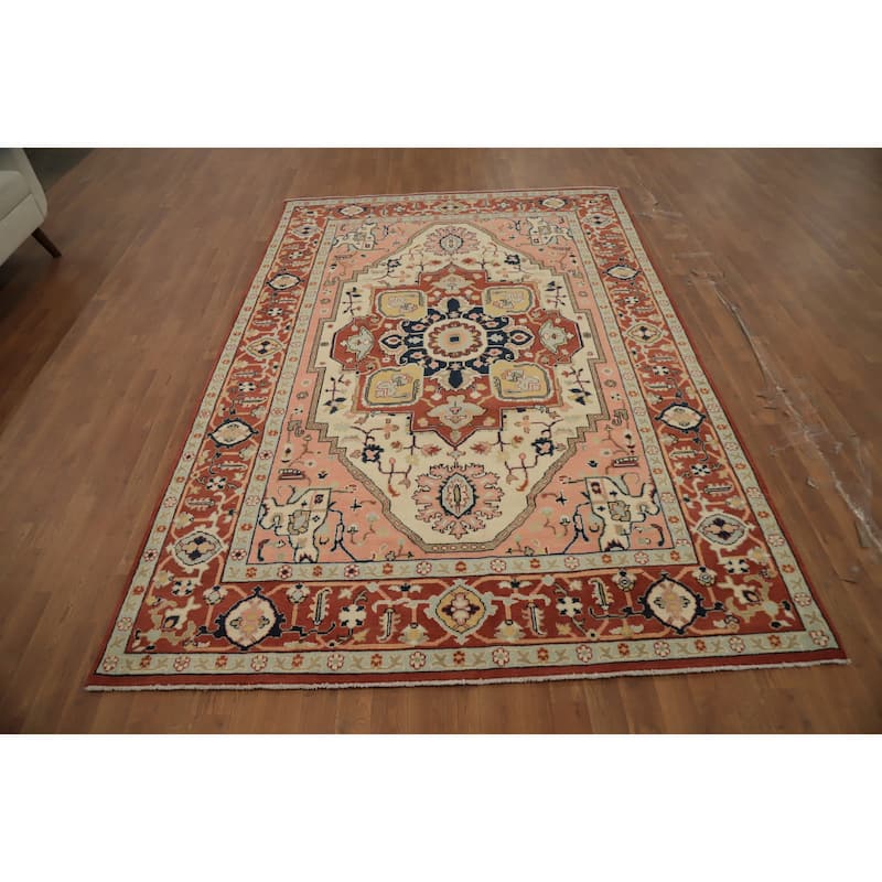 Hand Knotted Oriental 100% Wool Carpet Traditional Medallion Beige & Ivories Heriz (serapi) Area Rug - 9' 3'' X 6' 3''