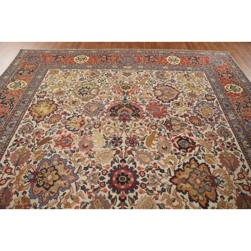 Signed Tabriz Persian Antique Area Rug Handmade Wool Carpet - 9'0" x 12'10"