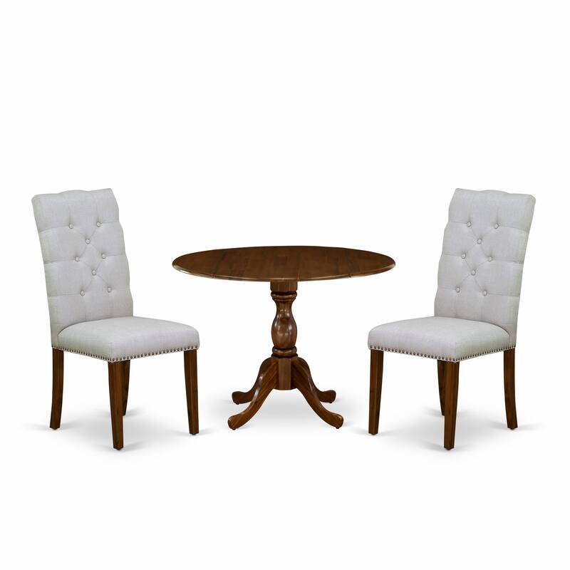 East West Furniture 3 Piece Dinette Set- a Round Dining Table and 2 Linen Fabric Parsons Dining Chairs, (Finish Options)