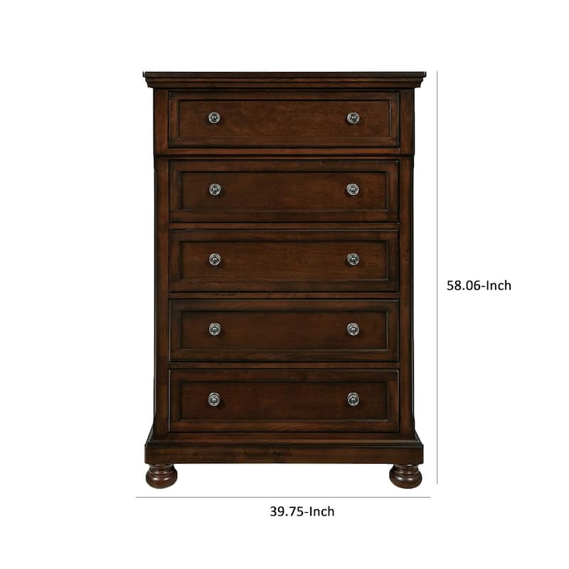 Fray 58 Inch 5 Drawer Classic Tall Dresser Chest, Brown Wood, Bun Feet