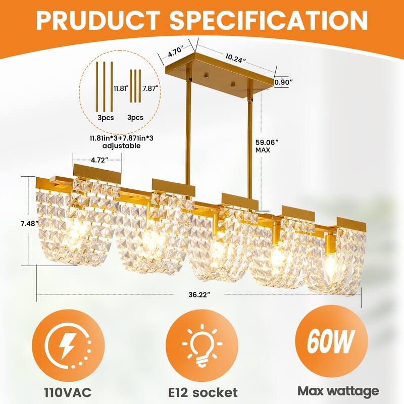 5-Light Luxury Retro Linear Crystal Chandelier Island Pendant Lighting Fixture.