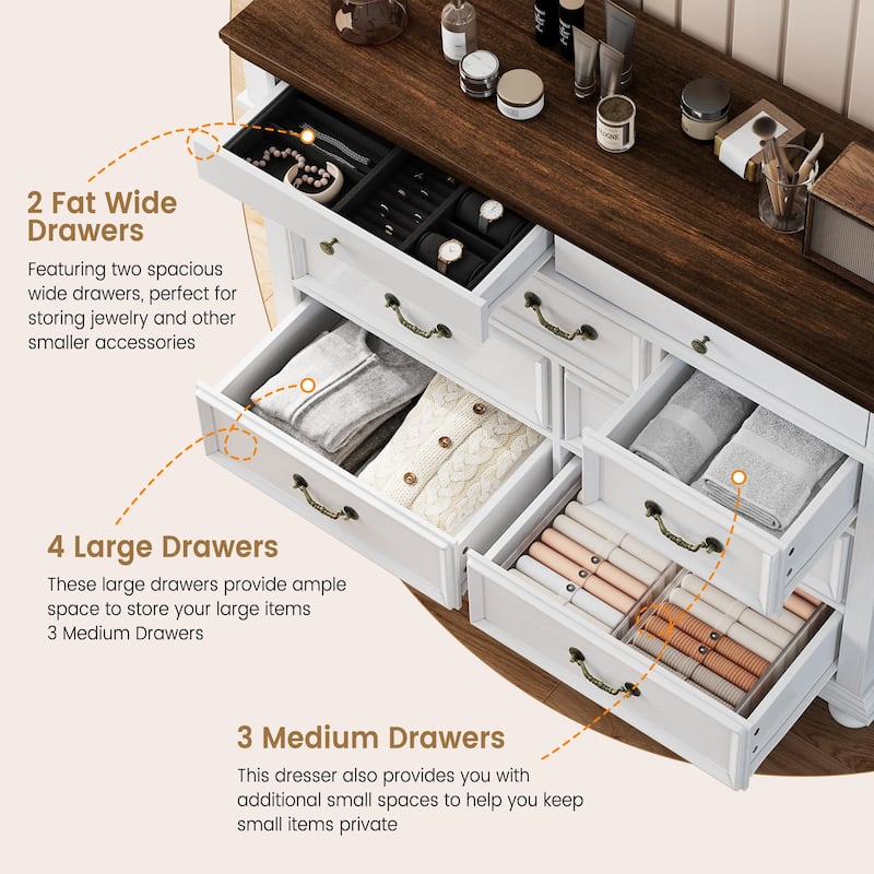 7/9 Drawer Dresser with Jewelry Storage, Rustic Wood Chest with Metal Handles, Vintage Storage Organizer