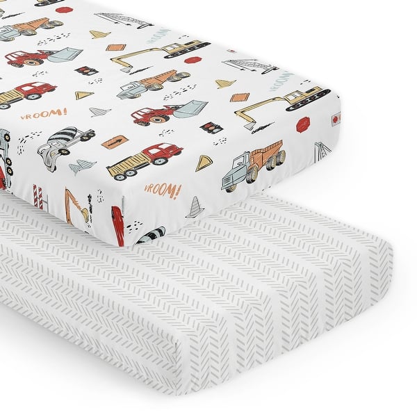 slide 2 of 6, Sweet Jojo Designs Red Blue Construction Truck Boy 2 Pack Fitted Crib Sheets Transportation Bulldozer Tire Track Black and White