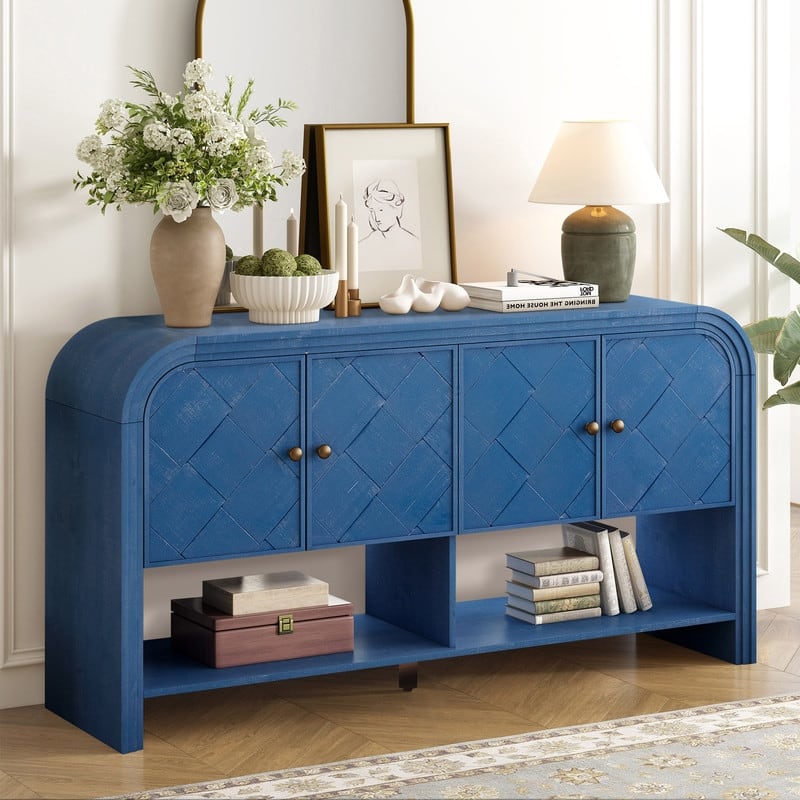 Versatile 60" Console Table with Woven Wood Slats and Solid Wood Veneer for Entryway or Living Room