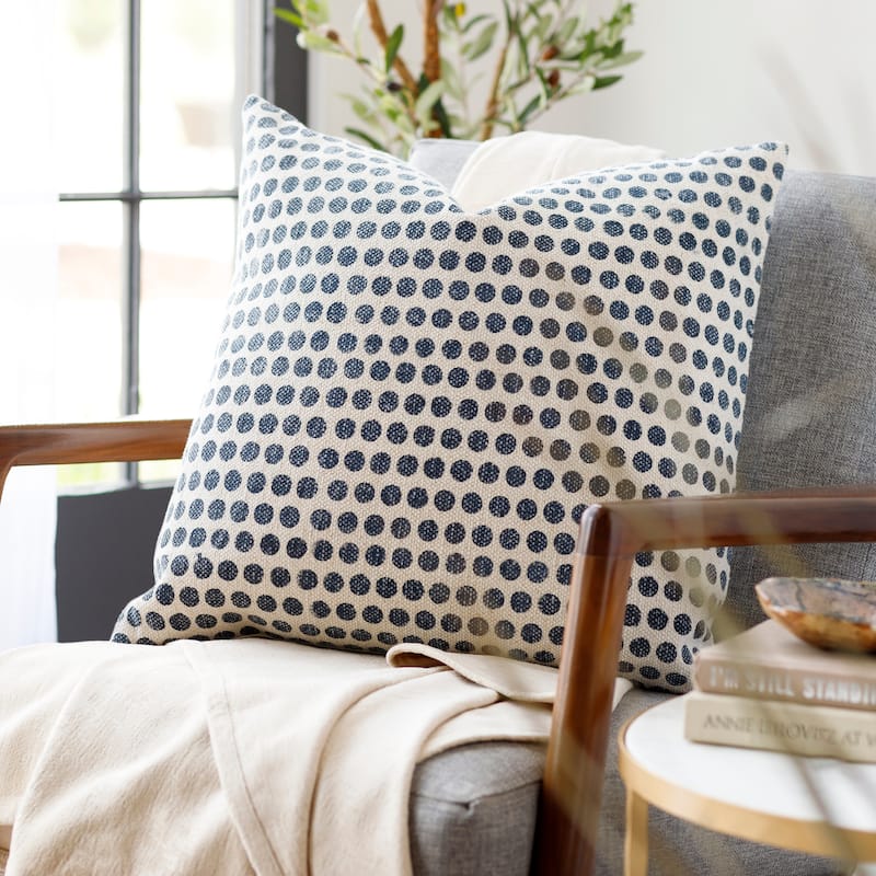 Faizah Block Print Dotted Cotton Throw Pillow - 18"H x 18"W - Feather Down - Dark Blue