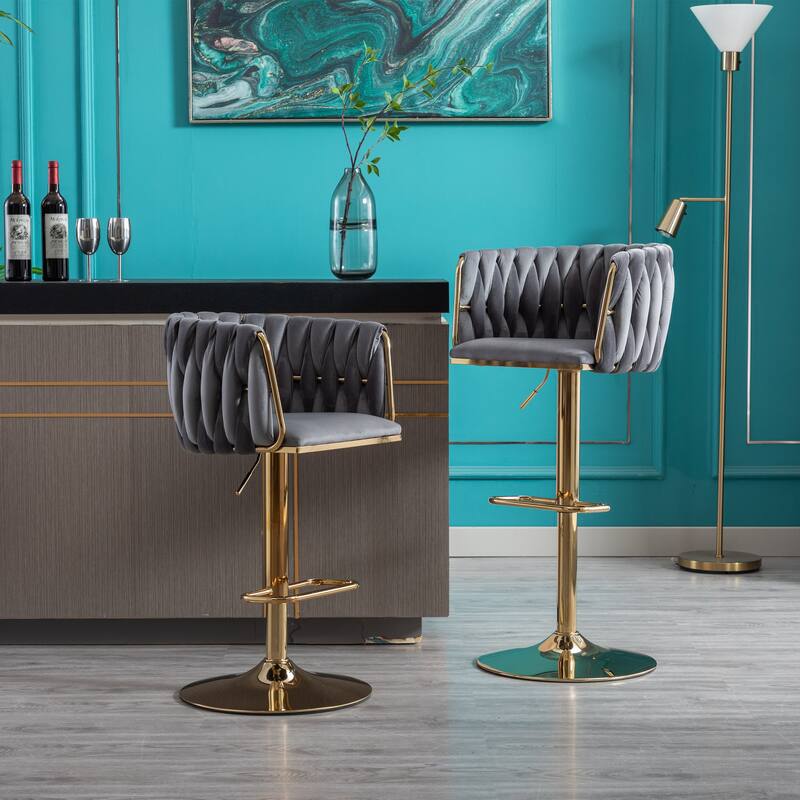 2 Velvet Bar Stools with Chrome Footrest and Base Swivel Height Adjustable - N/A