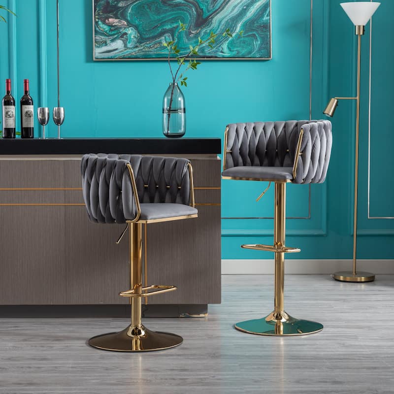 Swivel Height Adjustable Velvet Bar Stools with Golden Footrest and Base ,Set of 2