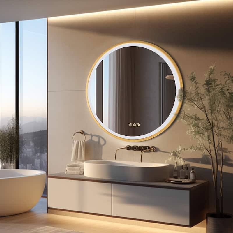 Gold Framed LED Wall Bathroom Vanity Mirror 3 Color Dimmable Anti Fog