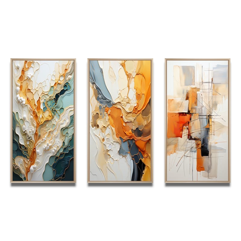 Designart "Orange White Line Art Organic Abstraction" Abstract Framed Wall Art Set Of 3 For Living Room Decor