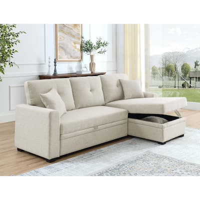 Beige Upholstered Sleeper Sofa Sectional with Chaise and Storage Modern Polyester Convertible