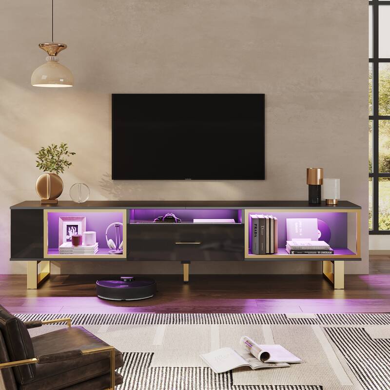 70" Led TV Stand for 75/80 inch TV, Glossy Media Console with Half-Glass Drawer