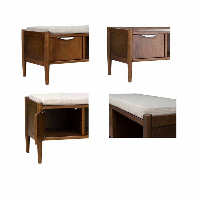 Modern Storage Accent Bench with Metal Hanlde and Upholstered Cushion,Mid-century Wood Bench with 1 Drawer and Open Shelf