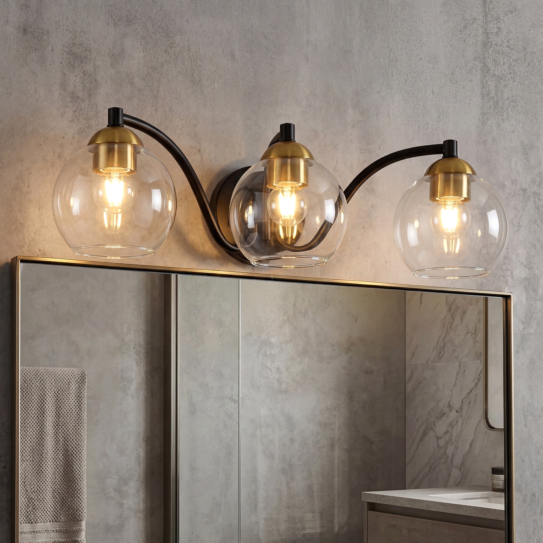 3-Light Modern Wall Sconce Brushed Brass & Matte Black | Clear Glass Shade | Dimmable | Damp-Rated for Bathroom