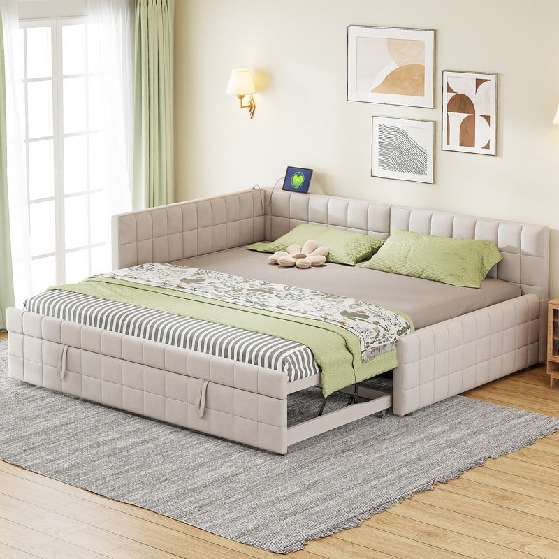 Full Size L-Shaped Upholstered Daybed with Twin Size Pop Up Trundle and USB ports - Beige
