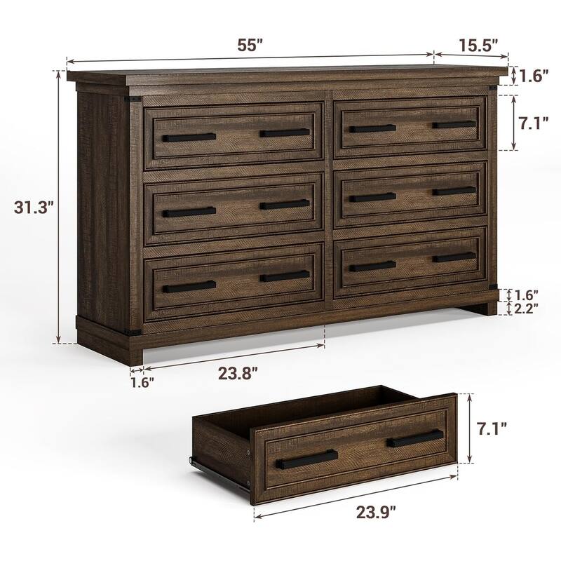 6 Drawer Dresser for Bedroom, 55” Rustic Wood Chest of Drawers
