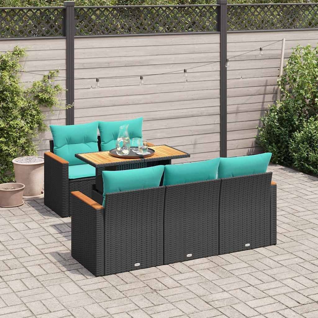 vidaXL Patio Sofa Set with Cushions Armrest Sofas 6 Piece Poly Rattan Acacia - 21.7 x 24.4 x 27.2